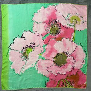 Escada Silk Scarf Floral Square Green Pink Watercolor 34" x 33.5" Vintage